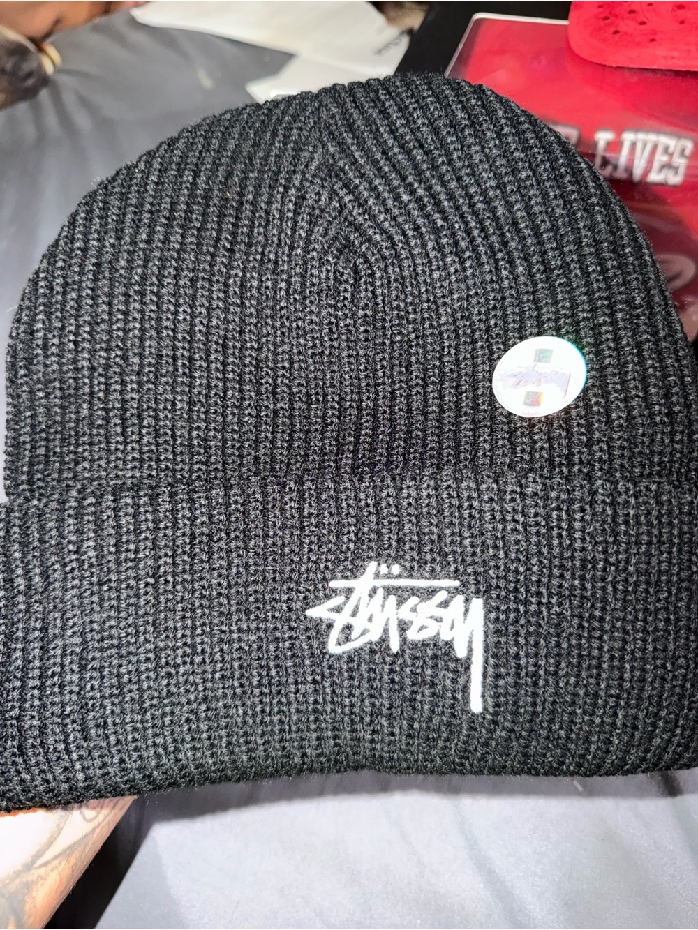 Stussy Black Rib Knit Beanie with White Script Logo